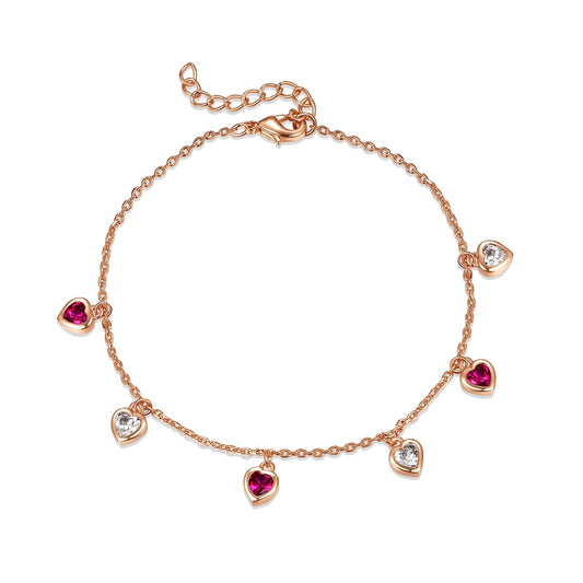 Kids 18k Rose Gold Plated With Ruby Cubic Zirconia Heart Charm Bracelet