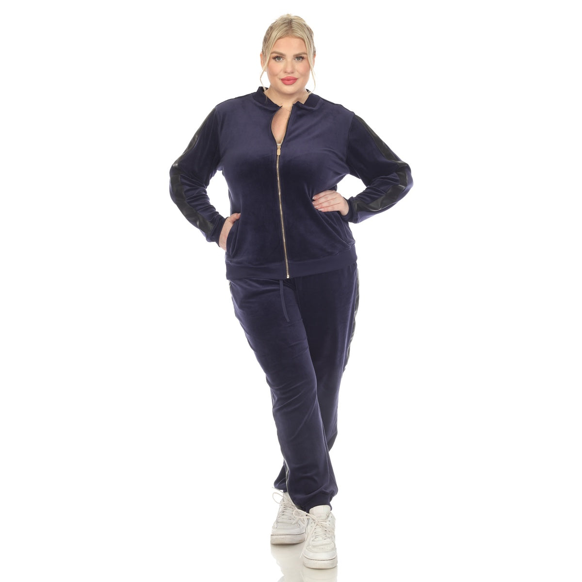  White Mark Plus Size 2-Piece Velour With Faux Leather Stripe - 1X - Bonton