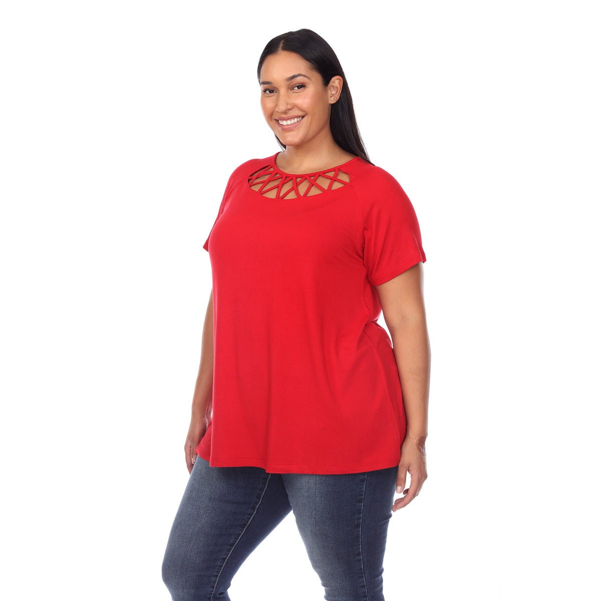  White Mark Plus Size Crisscross Cutout Short Sleeve Top - 1X - Bonton