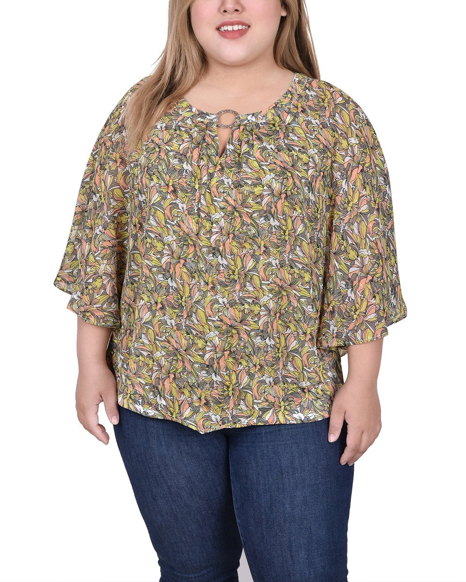  NY Collection Plus Size Chiffon Poncho Top With Ring - Ivory Floral - Bonton