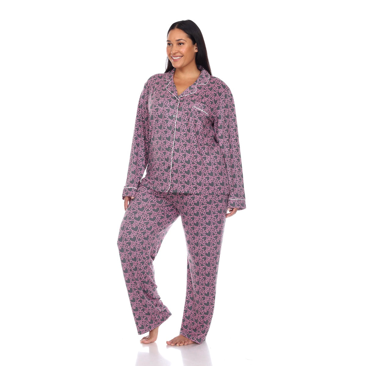  White Mark Plus Size Long Sleeve Heart Print Pajama Set - 1X - Bonton