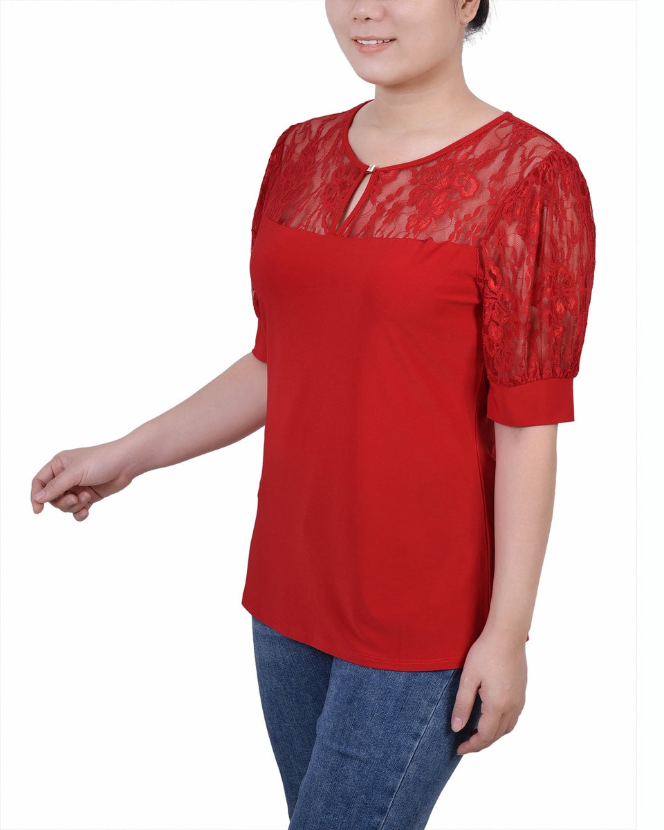  NY Collection Petite Short Puff Sleeve Top With Lace Sleeves and Yoke - Black - Bonton