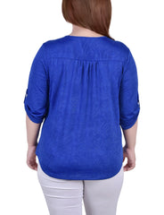 Plus Size 3/4 Roll Tab Zip Front Jacquard Knit Top