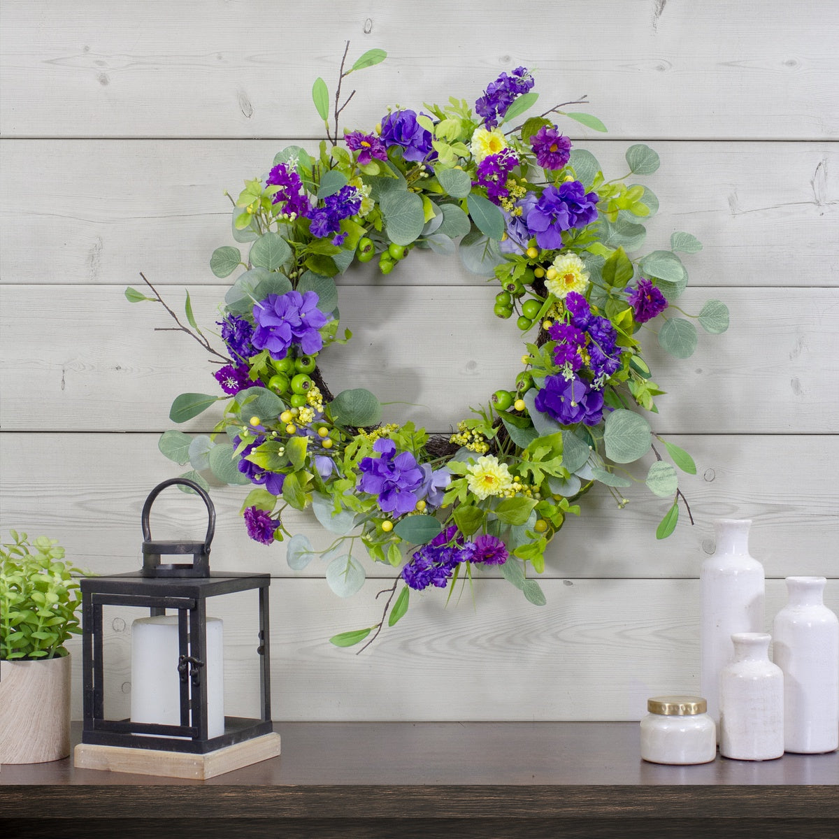  Northlight Eucalyptus and Hydrangea Floral Spring Wreath - 23