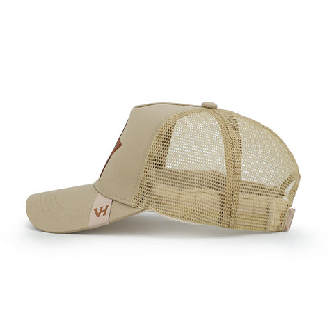 Vintage Havana Trucker Hat for Women & Men – Khaki Mesh & Canvas Adjustable Cap With Brown Cracked Leather Star