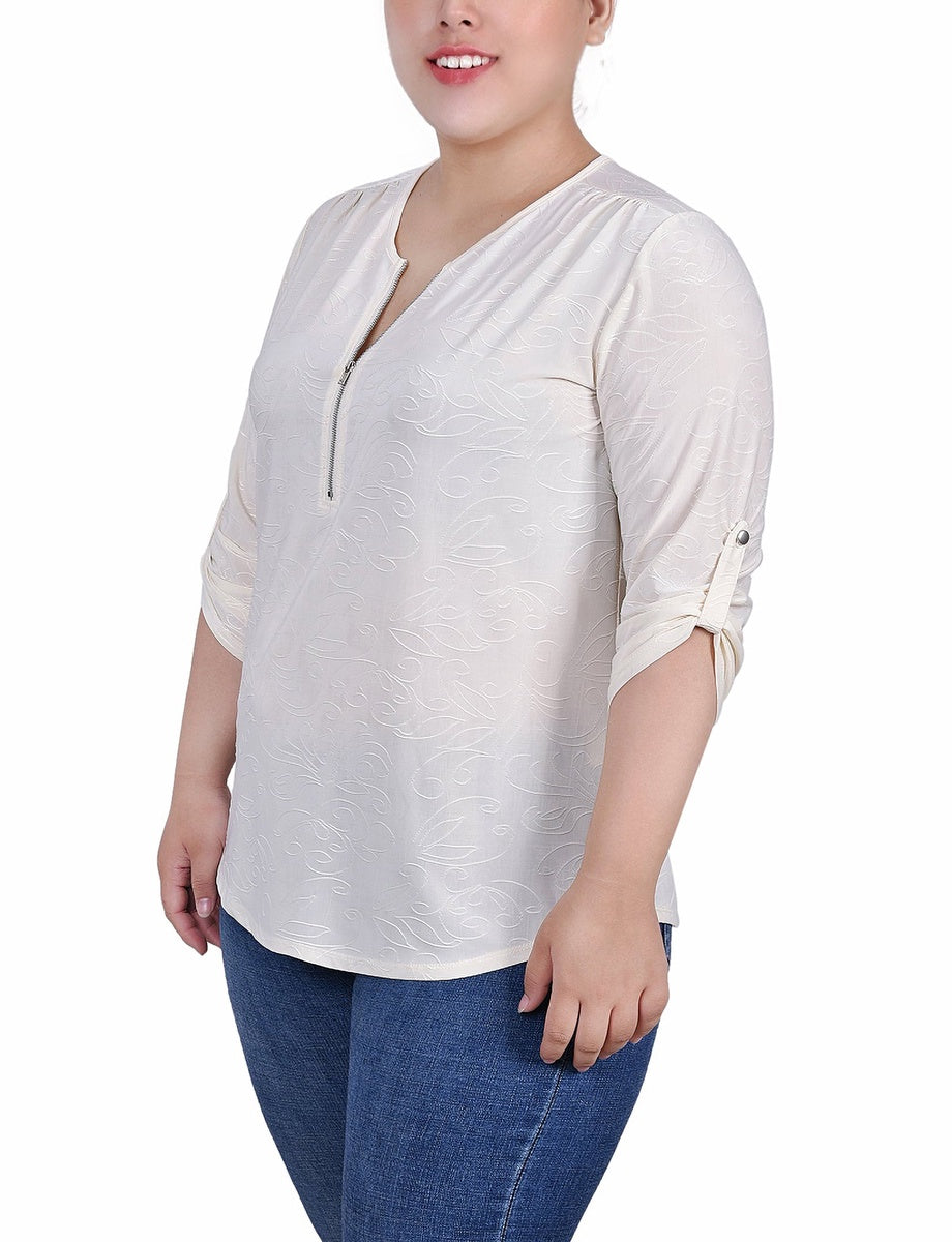  NY Collection Plus Size 3/4 Roll Tab Zip Front Jacquard Knit Top - Pristine - Bonton