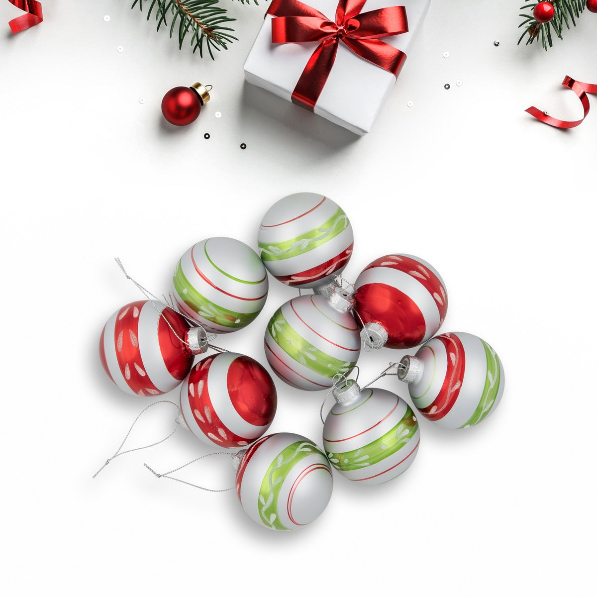  Northlight Glitter Striped Glass Christmas Ornaments - 2.75