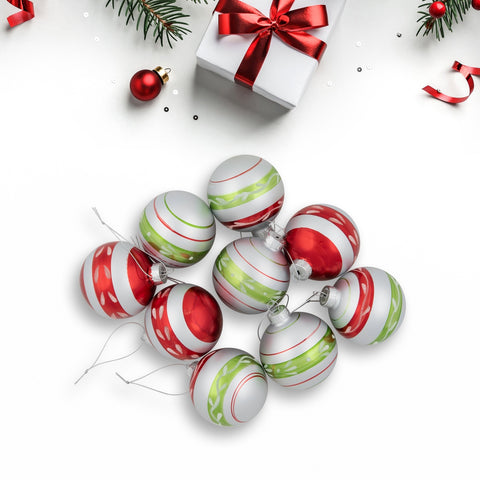 Glitter Striped Glass Christmas Ornaments - 2.75" (55 Mm) - Silver  Red and Green - 9ct