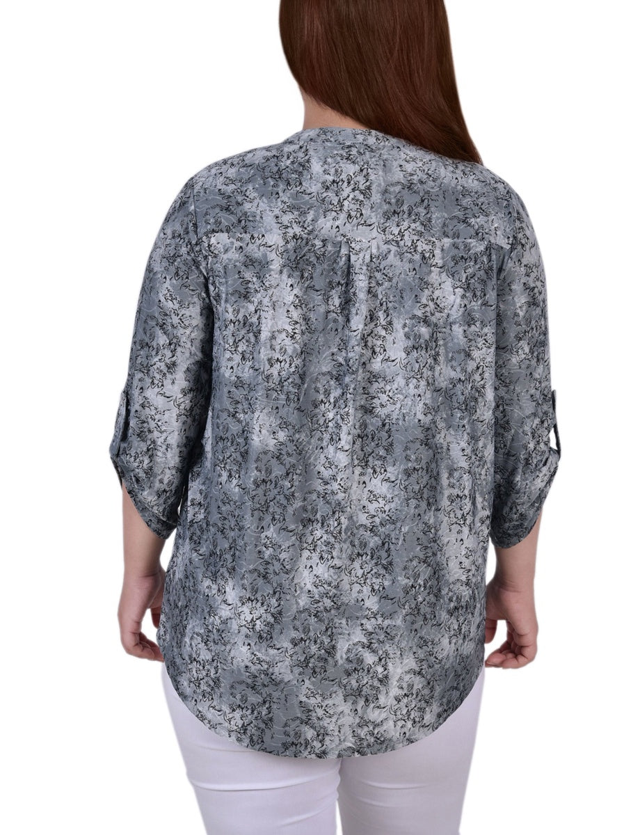  NY Collection Plus Size 3/4 Roll Tab Sleeve Y Neck Top - Grey Floral - Bonton