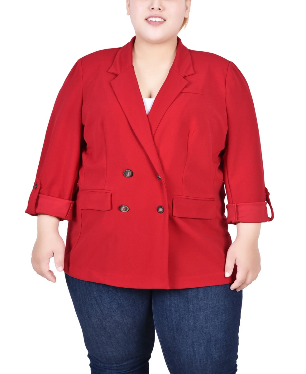  NY Collection Plus Size Long Sleeve Double Breasted Crepe Jacket - Jester Red - Bonton