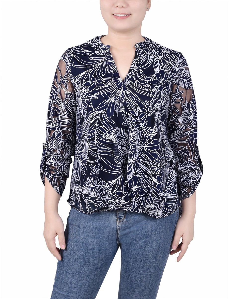  NY Collection Long Sleeve Burnout Y Neck Blouse - Black Palm Leaves - Bonton
