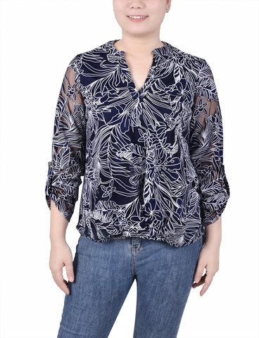Long Sleeve Burnout Y Neck Blouse
