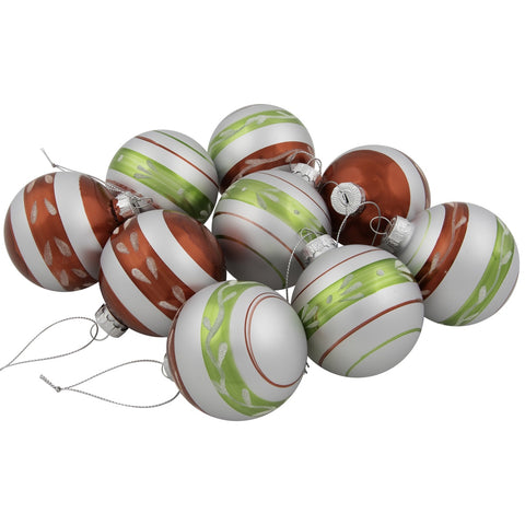 Glitter Striped Glass Christmas Ornaments - 2.75" (55 Mm) - Silver  Red and Green - 9ct