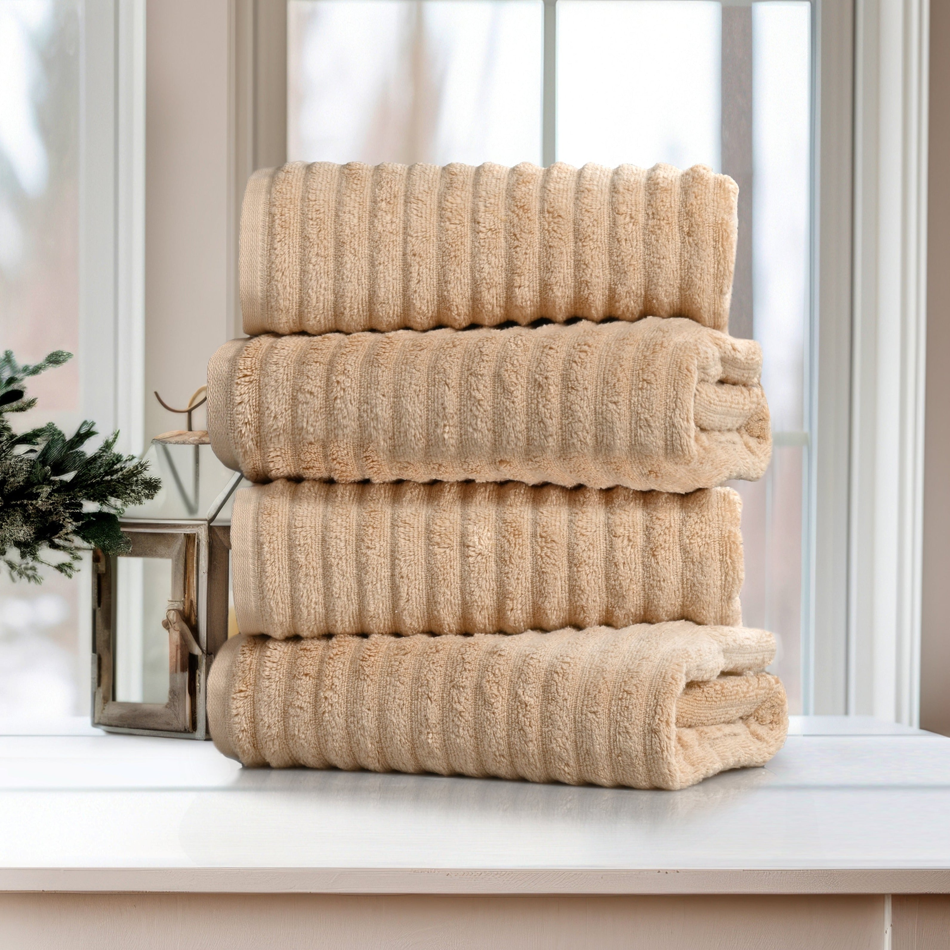  Bibb Home Bibb Home 4 Pack Ribbed Egyptian Cotton Bath Towel Set - White - Bonton