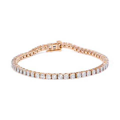 10K Rose Gold Plated .925 Sterling Silver 1.0 Cttw Miracle-Set Diamond Round Faceted Bezel Tennis Bracelet (I-J Color, I3 Clarity) - 8"