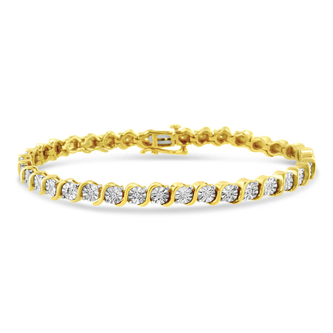 14K Yellow Gold Plated .925 Sterling Silver 1/4 Cttw Diamond Round Miracle Plate And "S" Link Tennis Bracelet (I-J Color, I2- I3 Clarity) - 7"