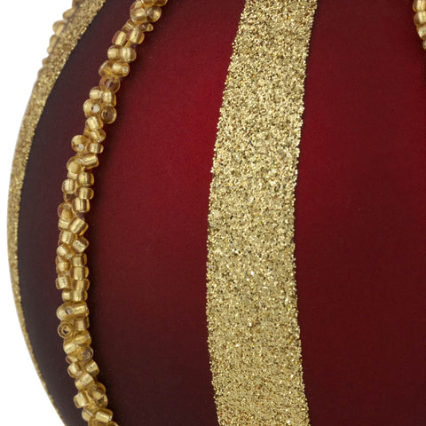 Set of 2 Burgundy and Gold Striped Beaded Christmas Glass Ball Ornaments 4"