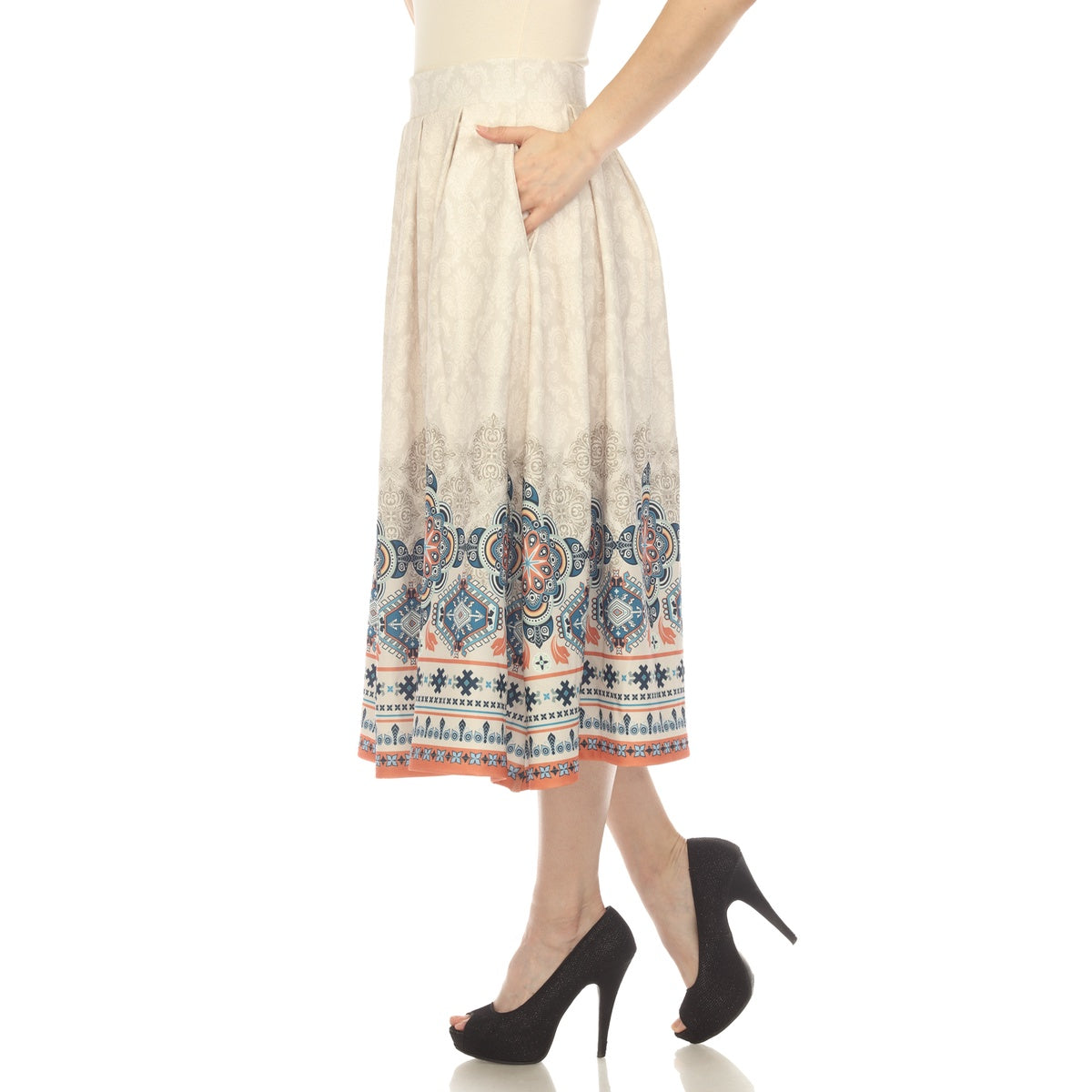  White Mark Women's Pleated Skirt With Border Prints - S - Bonton