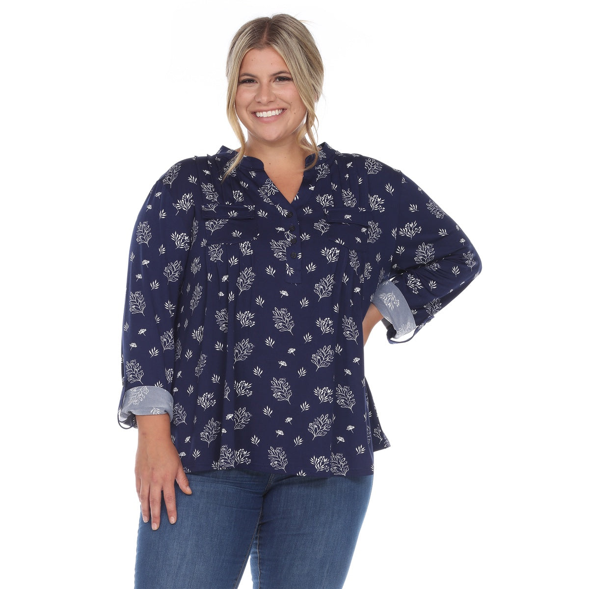  White Mark Plus Size Pleated Long Sleeve Leaf Print Blouse - 1X - Bonton