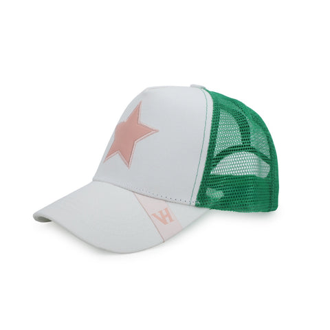 Vintage Havana Trucker Hat for Women – Green Mesh & Off-White Canvas Adjustable Cap With Pink Star