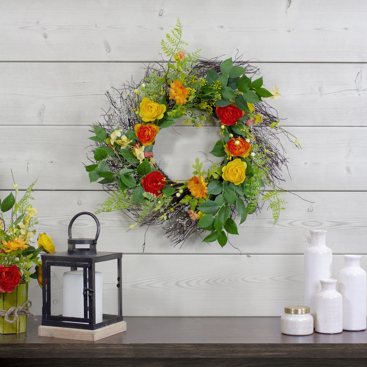  Northlight Ranunculus and Rose Floral Spring Wreath  Orange and Yellow 20