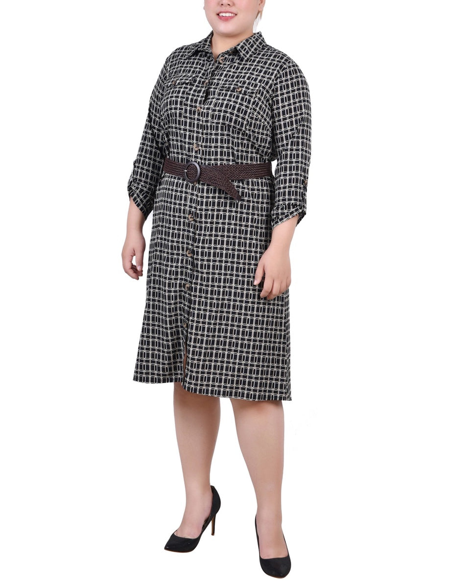  NY Collection Plus Size 3/4 Roll Tab Sleeve Shirtdress - Doeskin Black Allie - Bonton