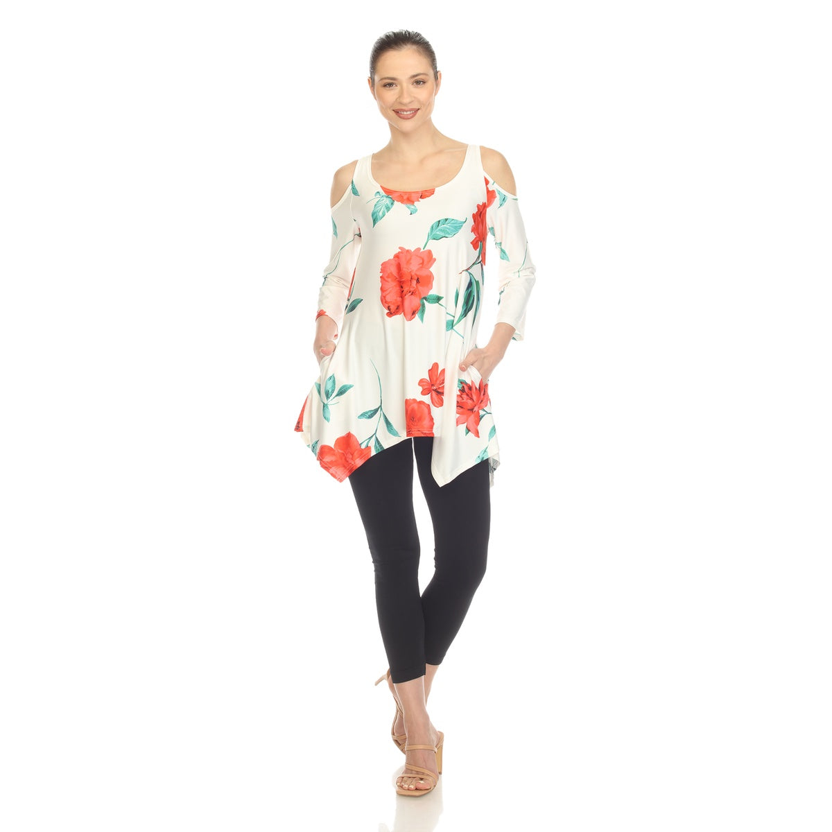  White Mark Women's Floral Printed Cold Shoulder Tunic - S - Bonton