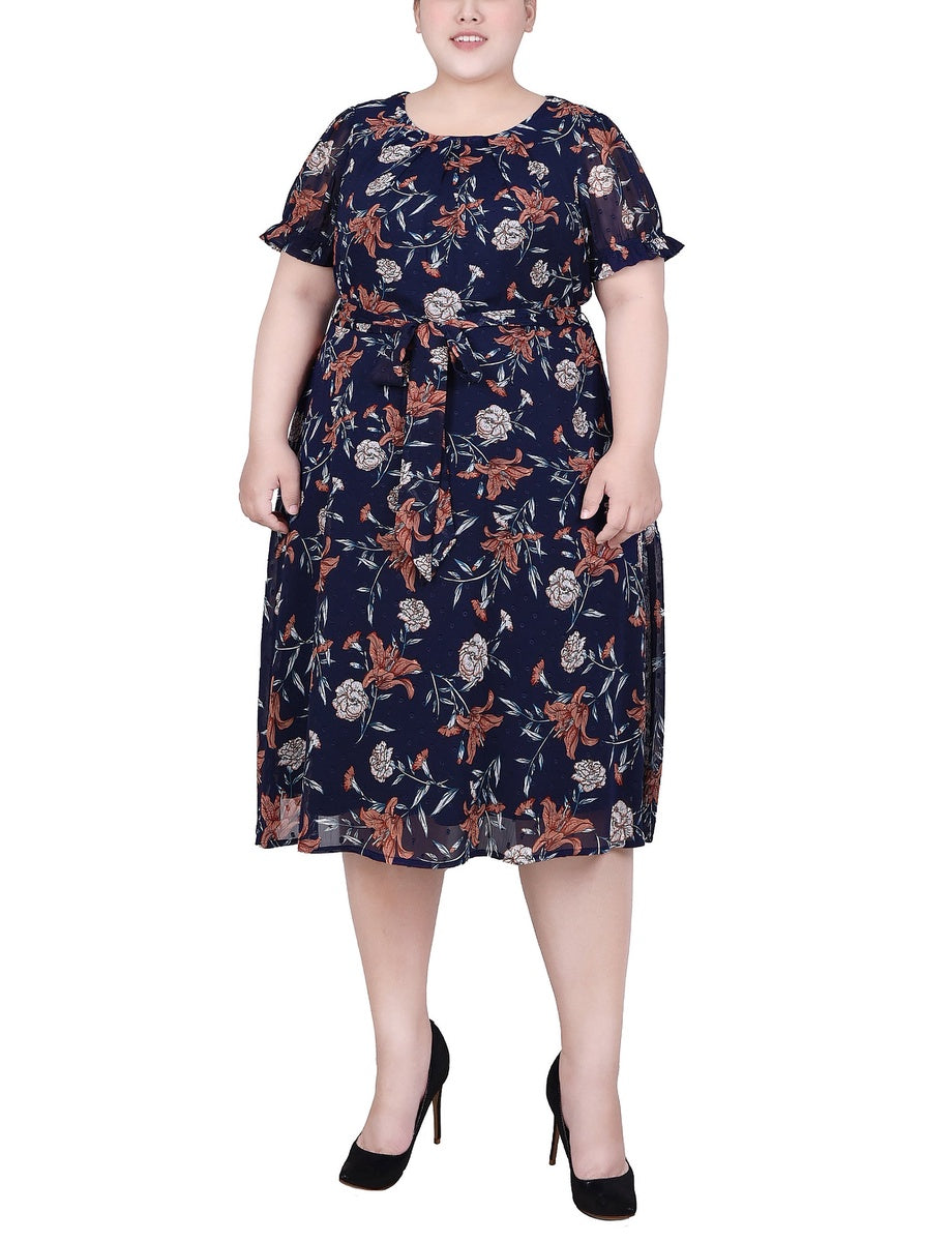  NY Collection Plus Size Short Sleeve Belted Swiss Dot Dress - Mellow Rose Rectangle - Bonton