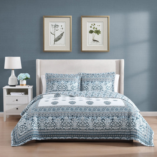 Bebejan Aquamarine Medallion 3 Piece Reversible Quilted Coverlet Set