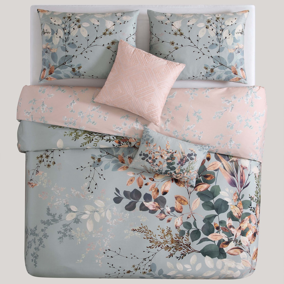  Bebejan Peach Leaves on Sage 100% Cotton 5-Piece Reversible Comforter Set - QUEEN - Bonton