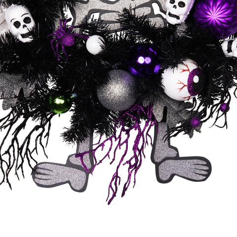 Purple and Black Spooky Skeleton Pine Halloween Wreath  24-Inch  Unlit