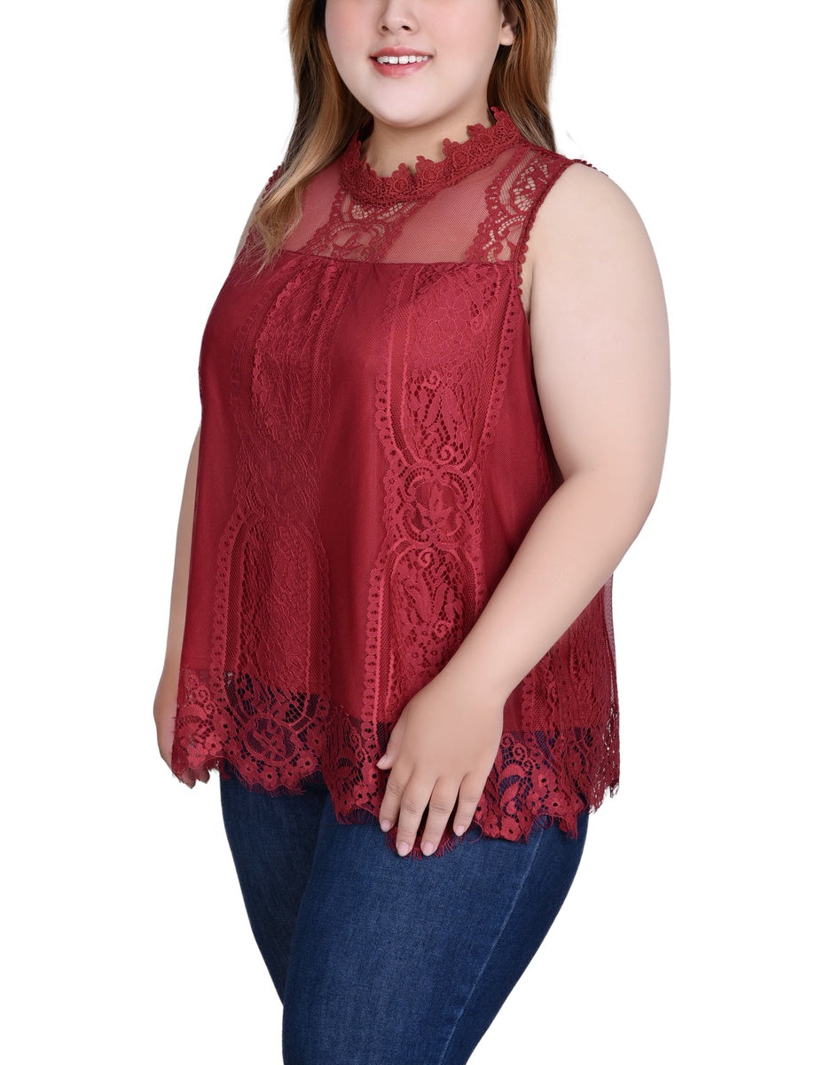  NY Collection Plus Size Sleeveless Mock Neck Lace Top - Black Nude - Bonton