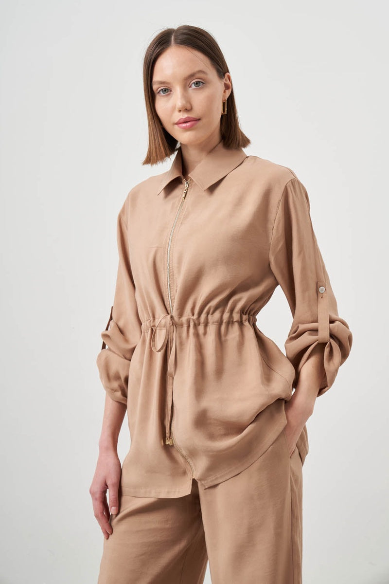  Mizalle Mizalle-Cinched Waist Shirt Jacket-Beige - Beige - Bonton