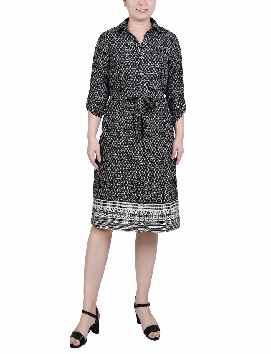  NY Collection 3/4 Roll Tab Sleeve Belted Shirtdress - Black Border - Bonton
