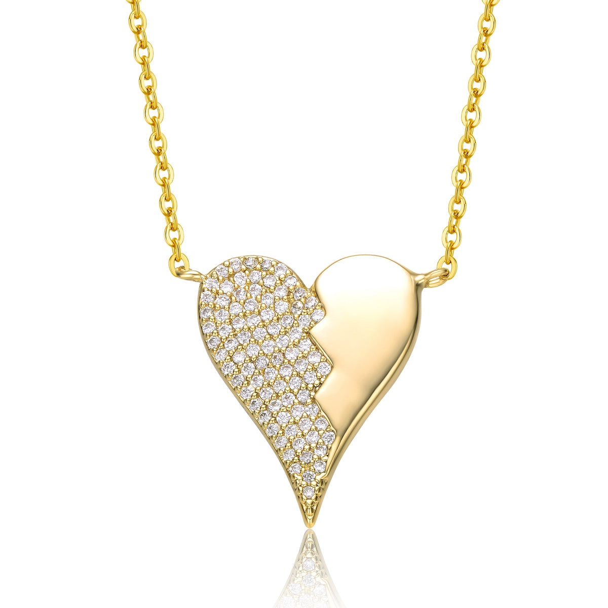  Rachel Glauber 14k Yellow Gold Plated With Cubic Zirconia Broken Cracked Zig-Zag Half & Half Stolen Heart Pendant Necklace - Default Title - Bonton