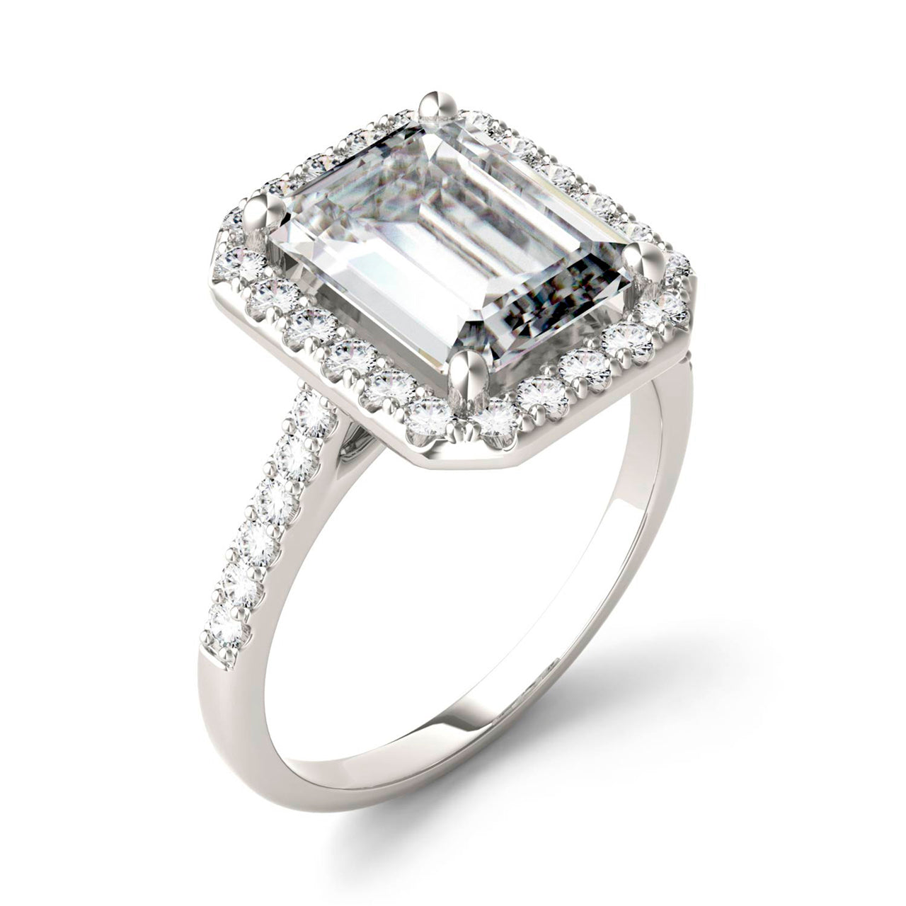  Charles & Colvard Charles & Colvard 4.06cttw Moissanite Emerald Cut Halo Engagement Ring - White Gold - Bonton