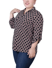 Plus Size 3/4 Roll Tab Sleeve Studded Y Neck Top