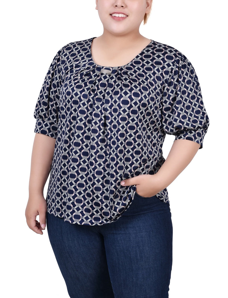  NY Collection Plus Size Short Sleeve Balloon Sleeve Top With Hardware - Black Taupe Zebra - Bonton