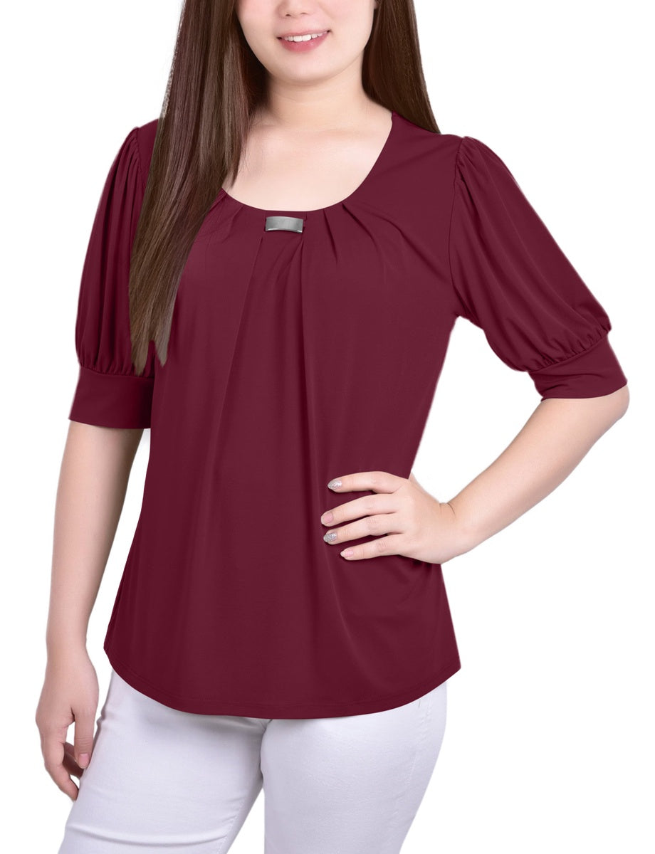  NY Collection Short Sleeve Balloon Sleeve Top With Hardware - Samoan Sun - Bonton