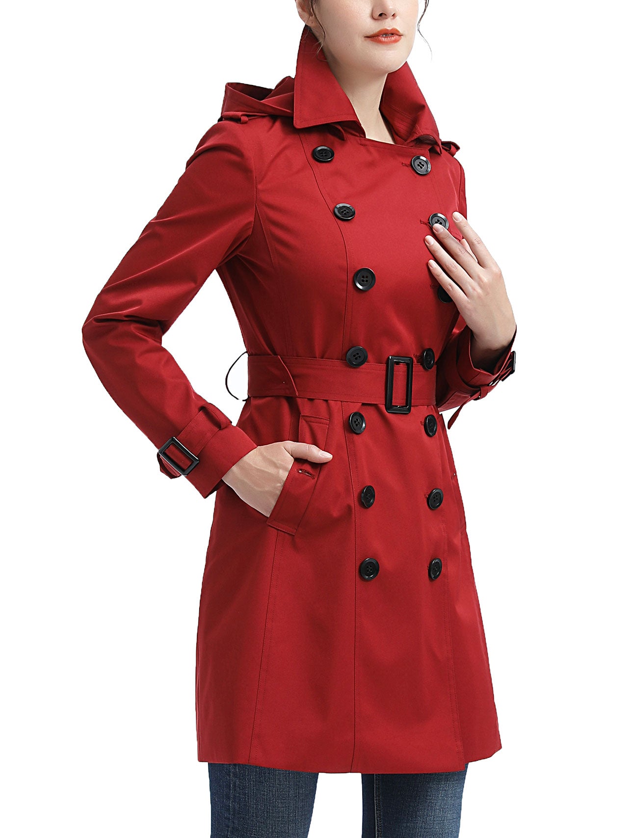  BGSD Women's Alexa Water-Resistant Classic Hooded Trench Coat - Red - Bonton