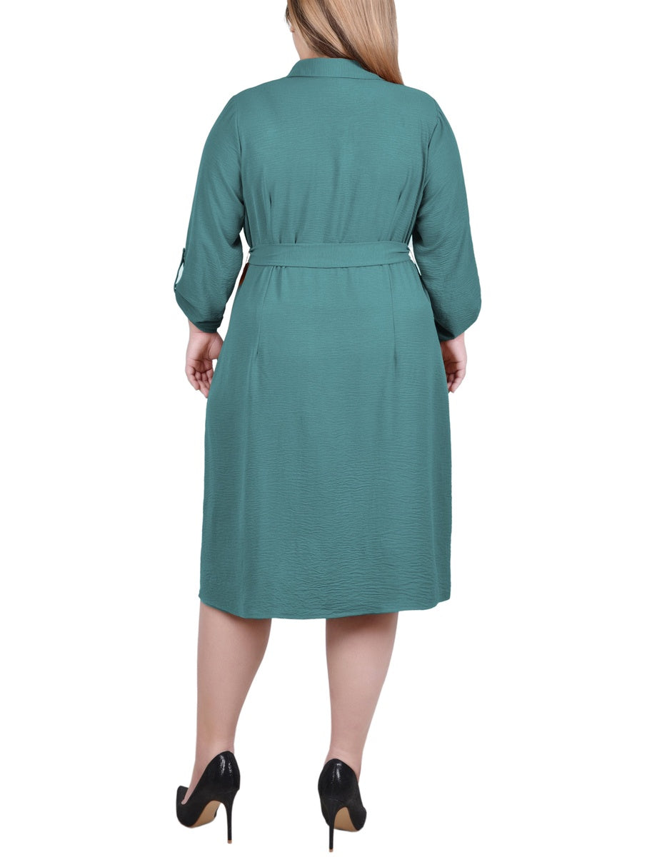  NY Collection Plus Size Long Roll Tab Sleeve Shirtdress - Burnt Olive - Bonton