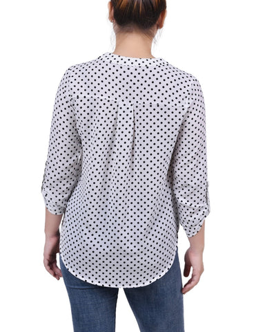Petite 3/4 Sleeve Mandarin Collar Blouse With Front Pleats