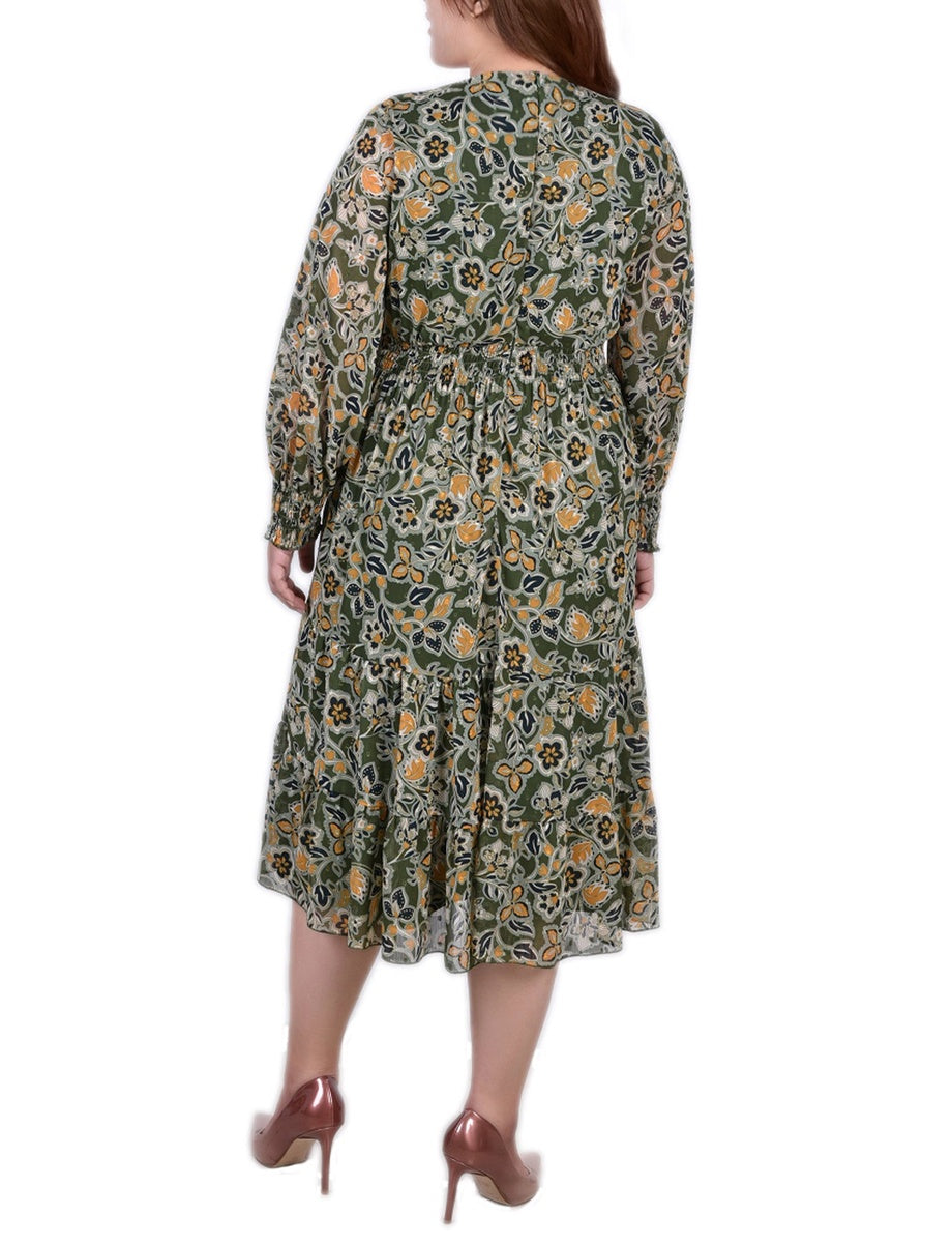  NY Collection Plus Size Long Sleeve Clip Dot Chiffon Dress With Smocked Waist and Cuffs - Navy Floral - Bonton