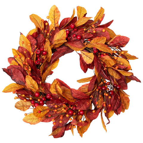 Berries With Leaves Artificial Fall Harvest Twig Wreath  24-Inch  Unlit