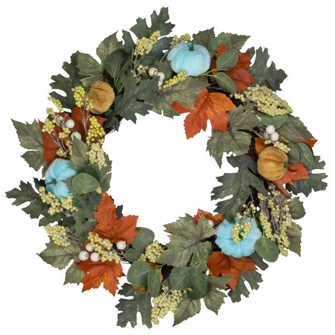 Foliage and Gourds Thanksgiving Artificial Wreath - 22" - Blue and Orange