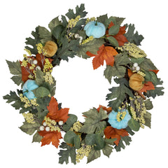 Foliage and Gourds Thanksgiving Artificial Wreath - 22" - Blue and Orange