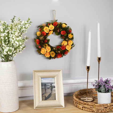 12" Orange and Yellow Flowers With Moss and Twig Artificial Floral Spring Wreath - Unlit