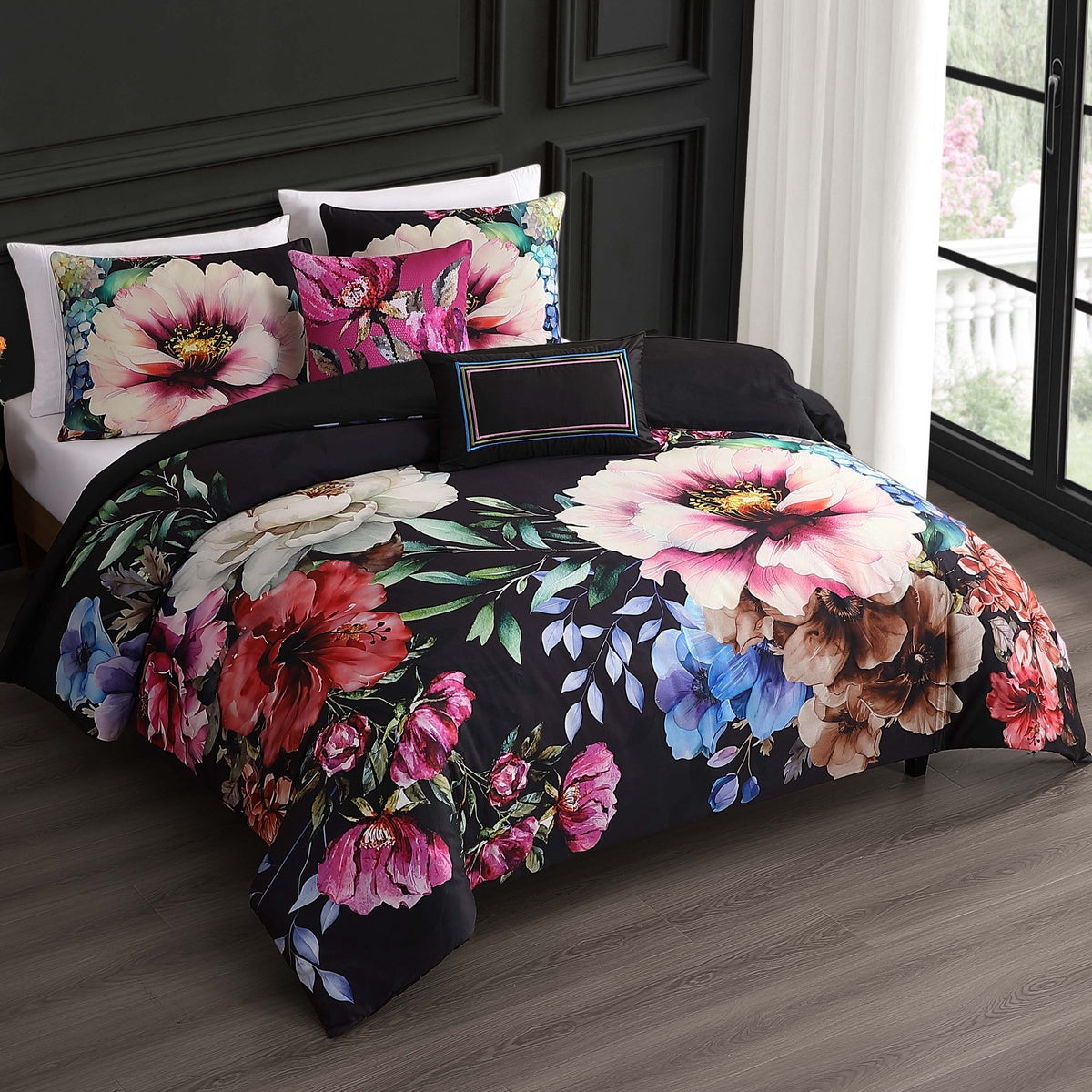  Bebejan Bebejan Black Night Poppies 5 Piece Reversible Comforter Set - QUEEN - Bonton