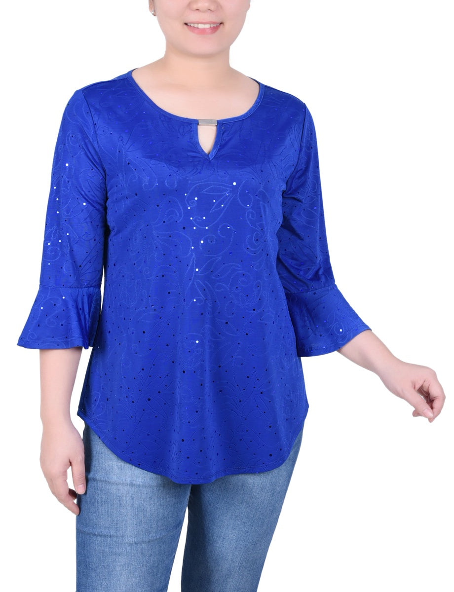  NY Collection Petite 3/4 Bell Sleeve Top With Hardware - Royal - Bonton