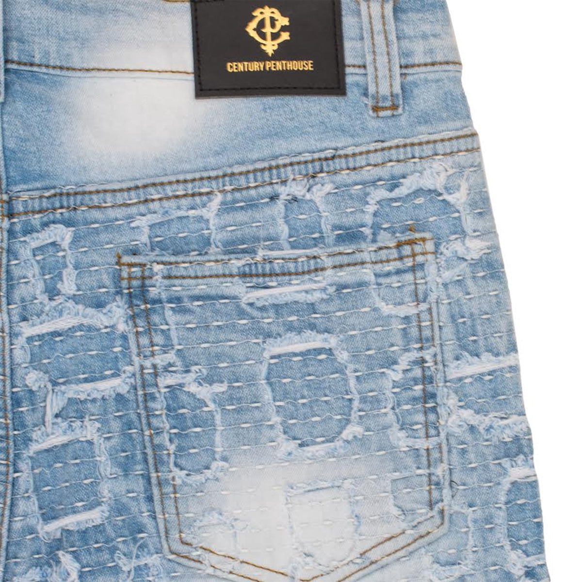  Barocco Patchwork Distressed Denim Jeans - Century Penthouse LIGHT BLUE - LIGHT BLUE - Bonton